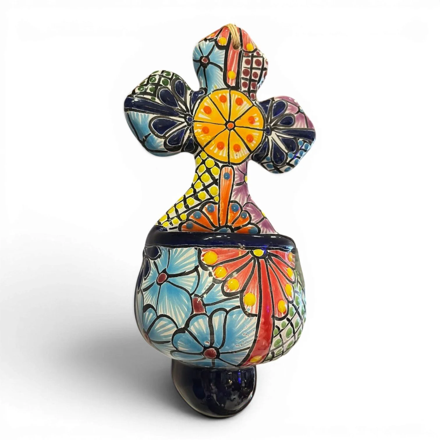 Handmade Mexican Talavera Holy Water Font with colorful hand-painted ceramic design