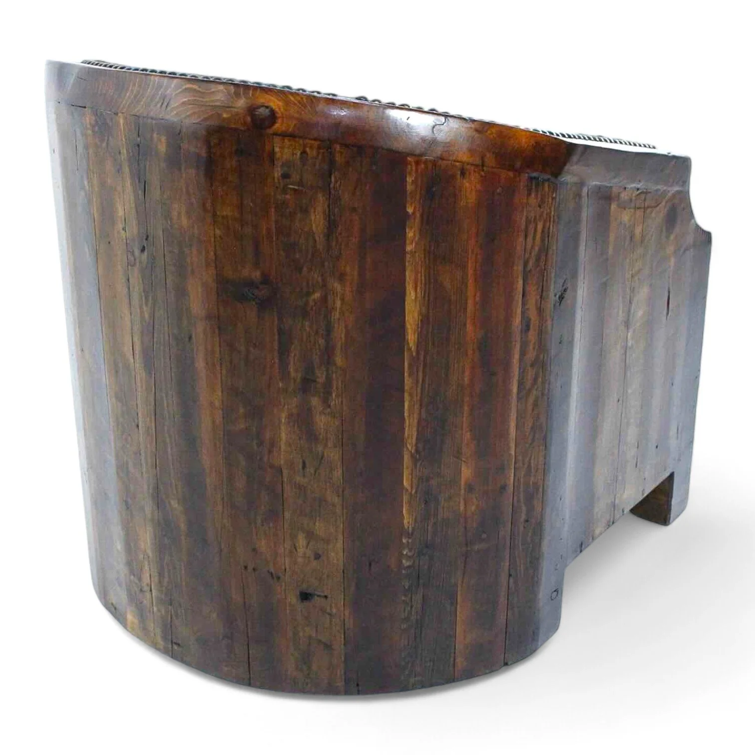 Handmade Mexican reclaimed wood barrel chair with premium leather upholstery