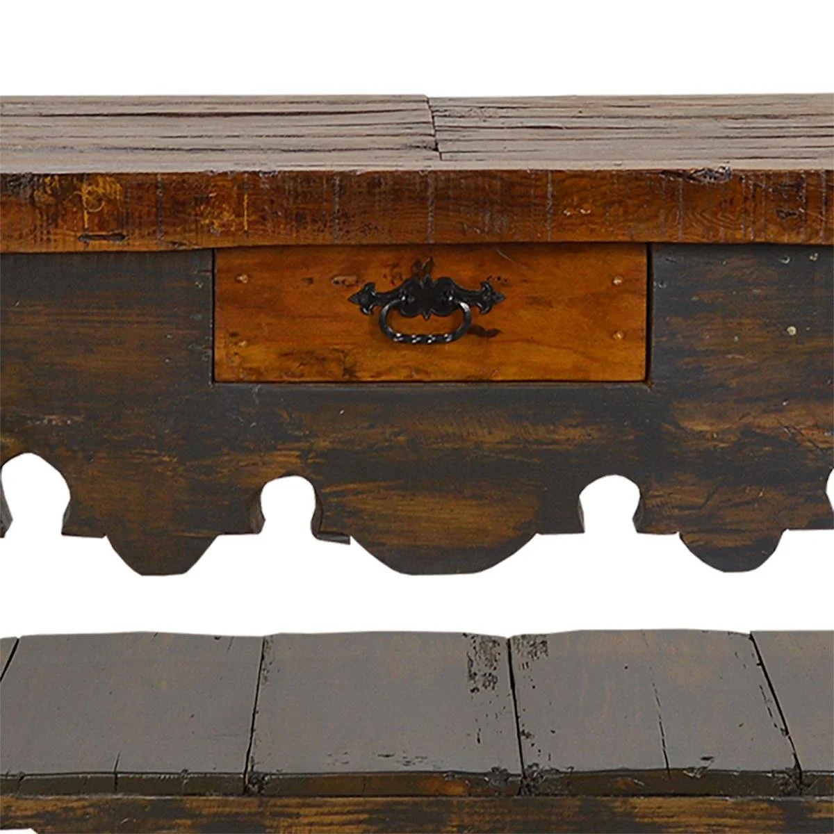 Handmade Mexican Rio Grande console table with distressed black finish, hand-carved details, iron hardware, and open shelf