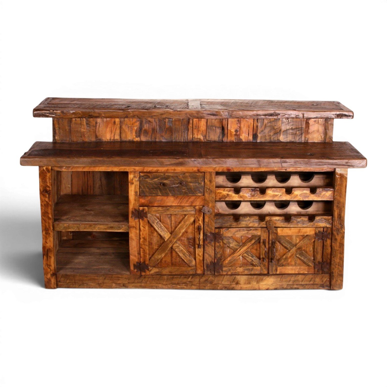 Handmade Mexican reclaimed wood rustic home bar with iron hardware