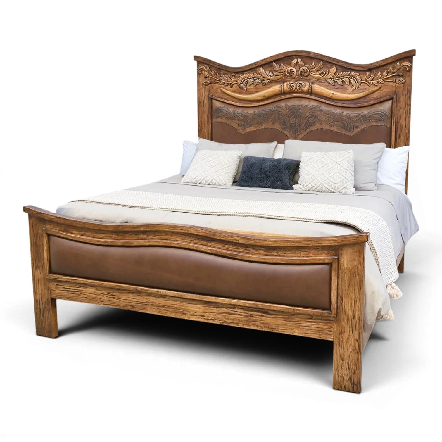 Longhorn Western Tooled Leather Bed | Handmade Rustic Bed from Mexico