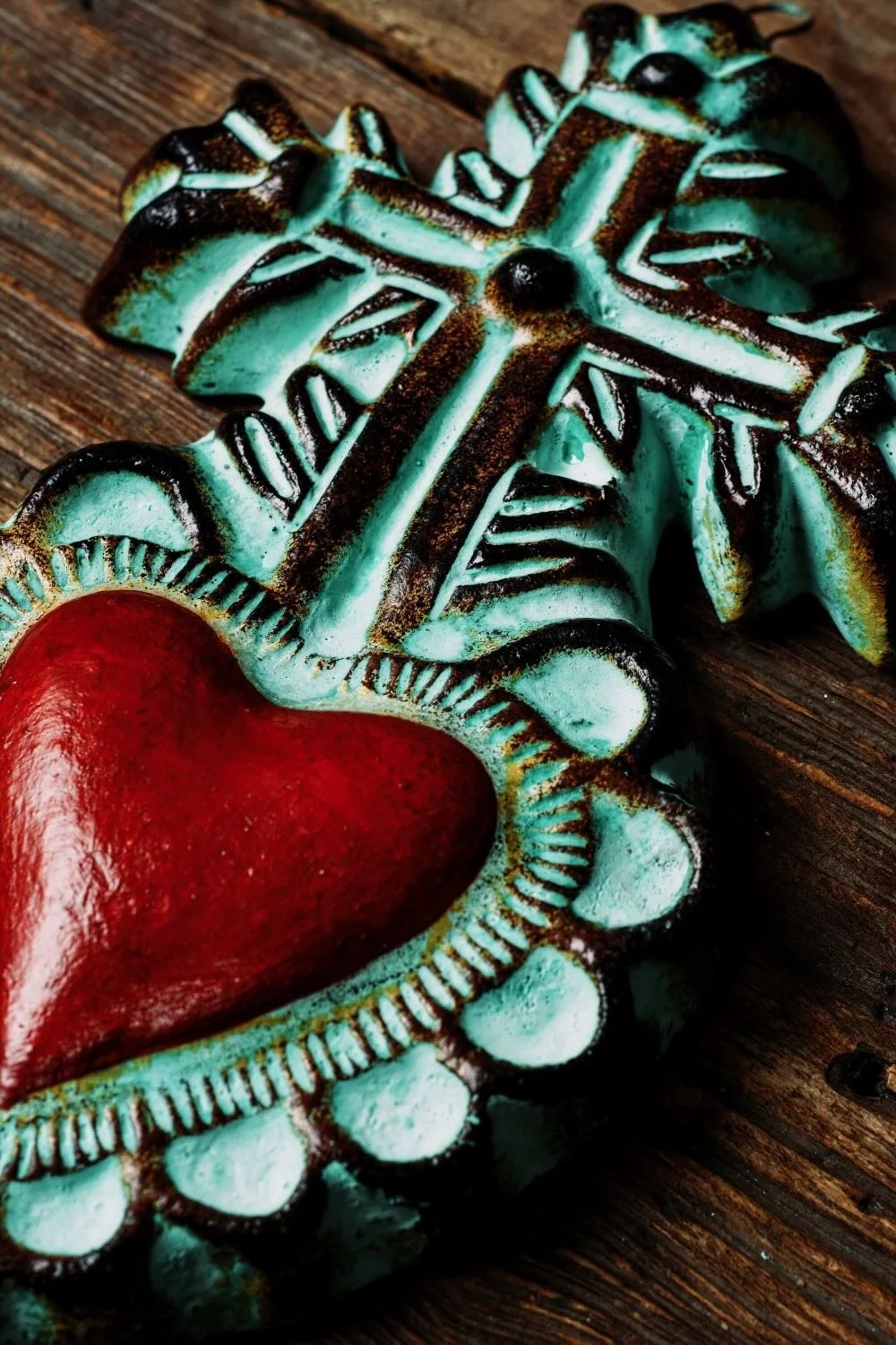 Turquoise Clay Heart with Cross – Handmade Mexican Wall Art