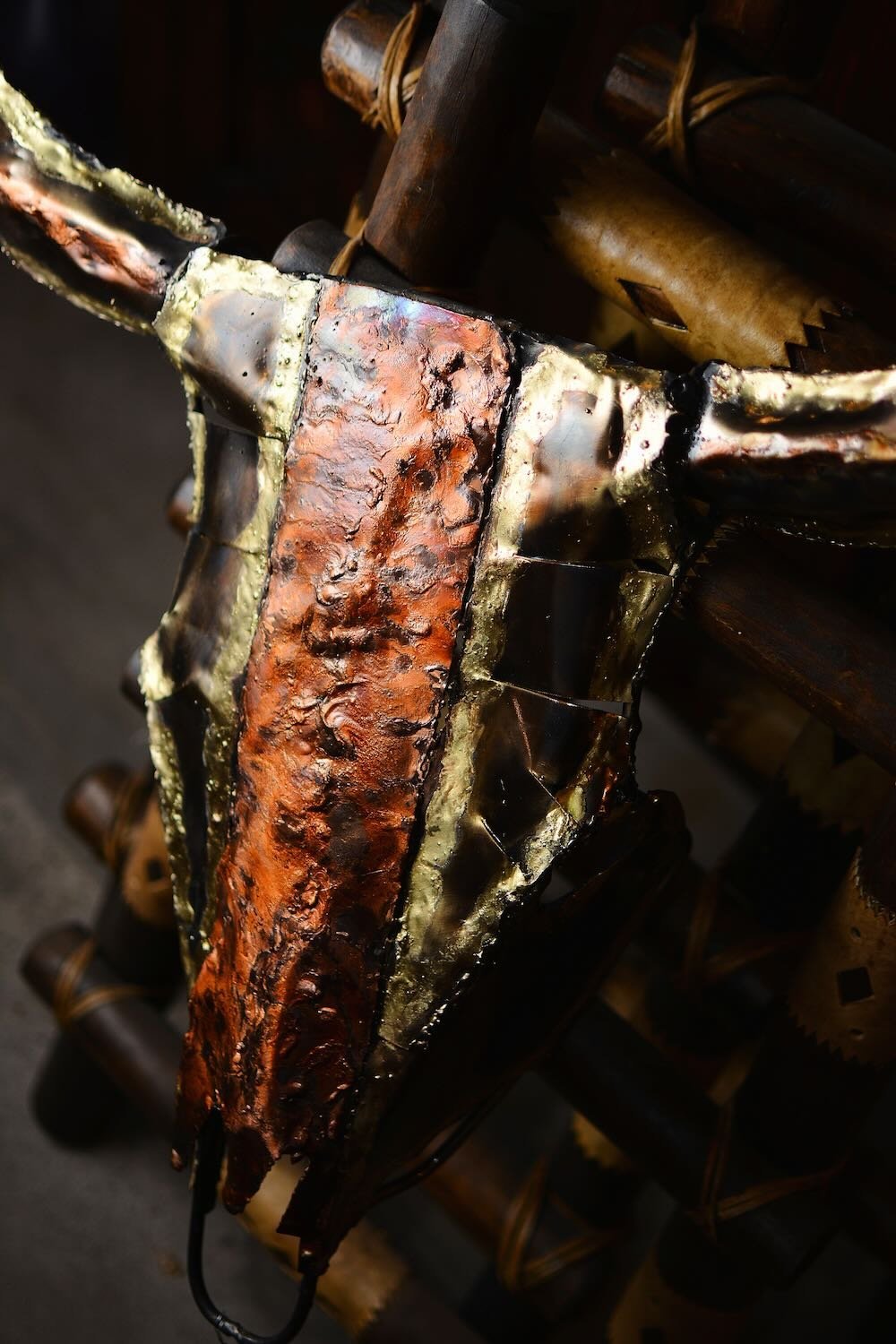 Handmade Copper Steer Head Skull wall art crafted in Mexico with rustic copper detailing.