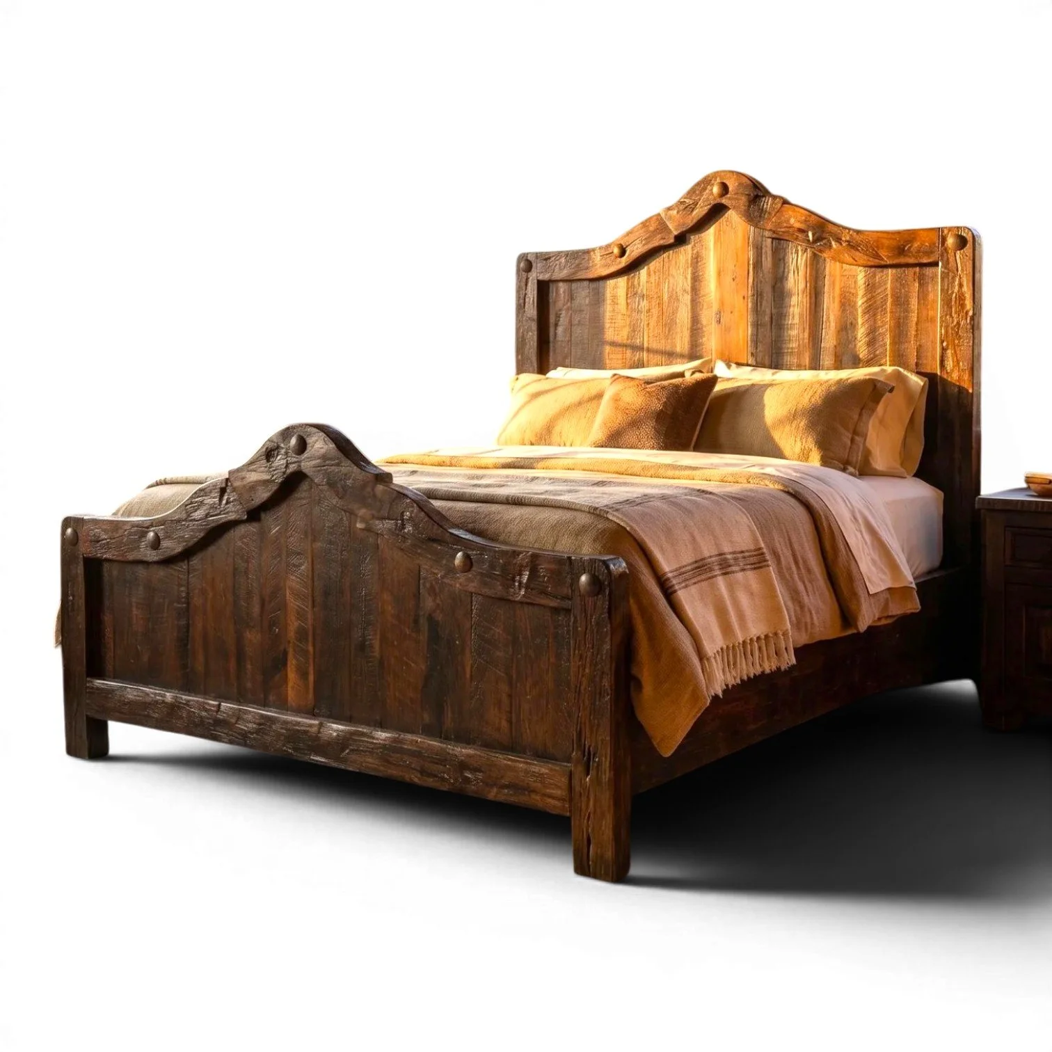 Hacienda Rústica y Elegante handcrafted Mexican reclaimed wood bed with arched headboard, dark stain, and iron clavos