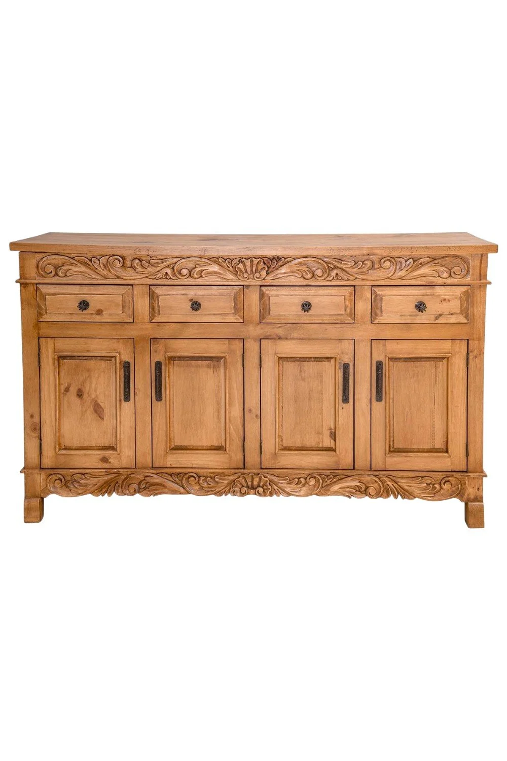 Shop the Las Cuevas Hand Carved Buffet Especial Light handmade in Mexico. Rustic buffet with carved details, iron hardware, drawers, and cabinet storage.