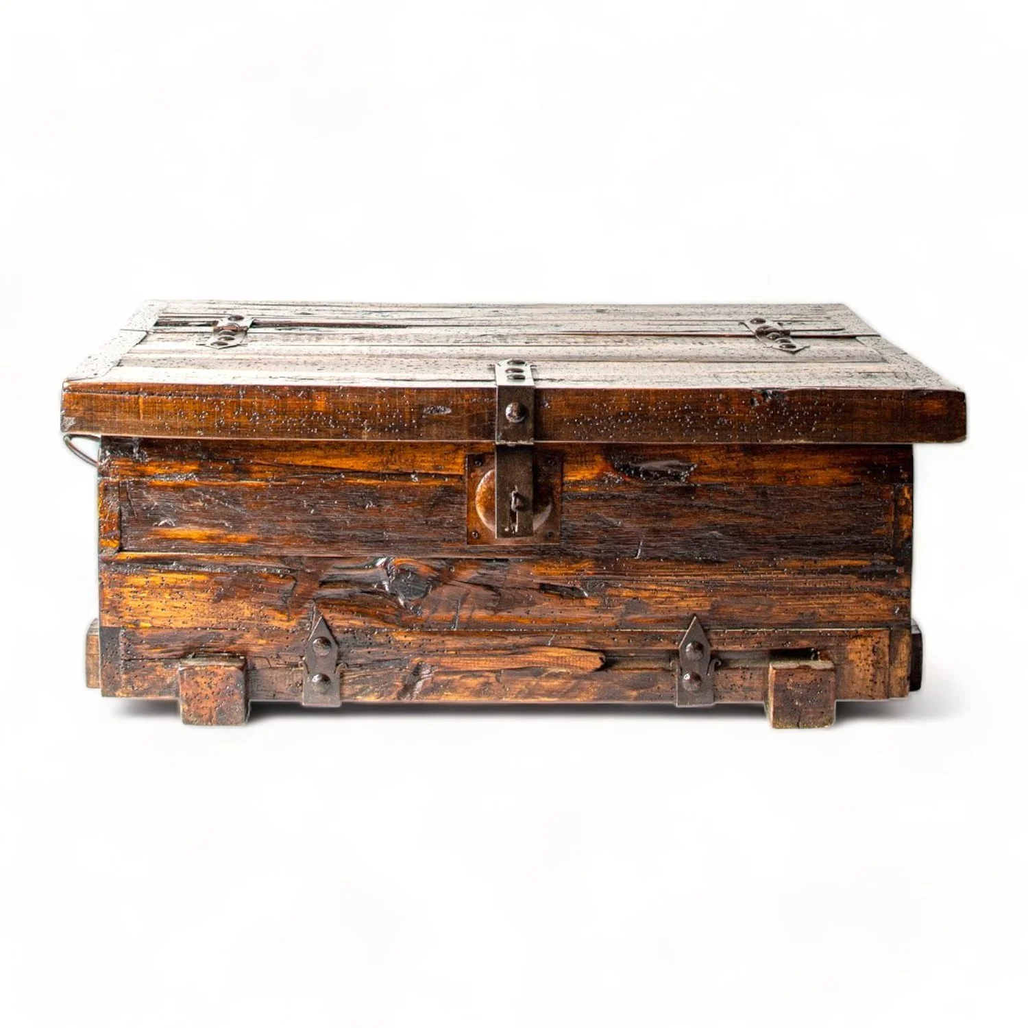 Handmade Mexican reclaimed wood coffee table trunk with iron clavos and hardware