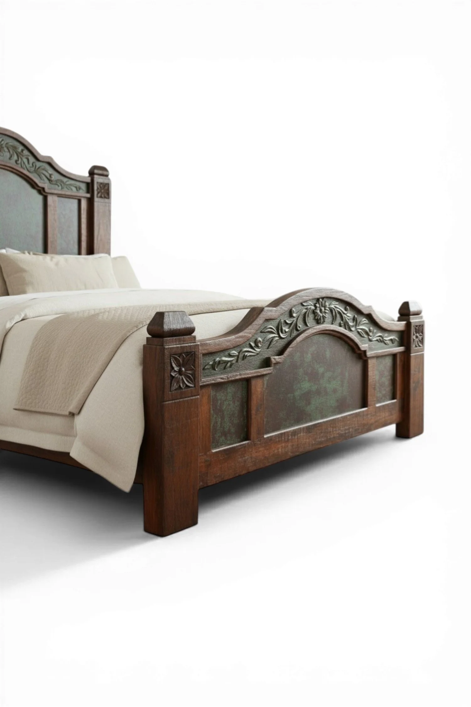 Shop a handmade copper bed from Mexico. Solid wood frame with embossed copper panels for a rustic luxury hacienda-style bedroom.