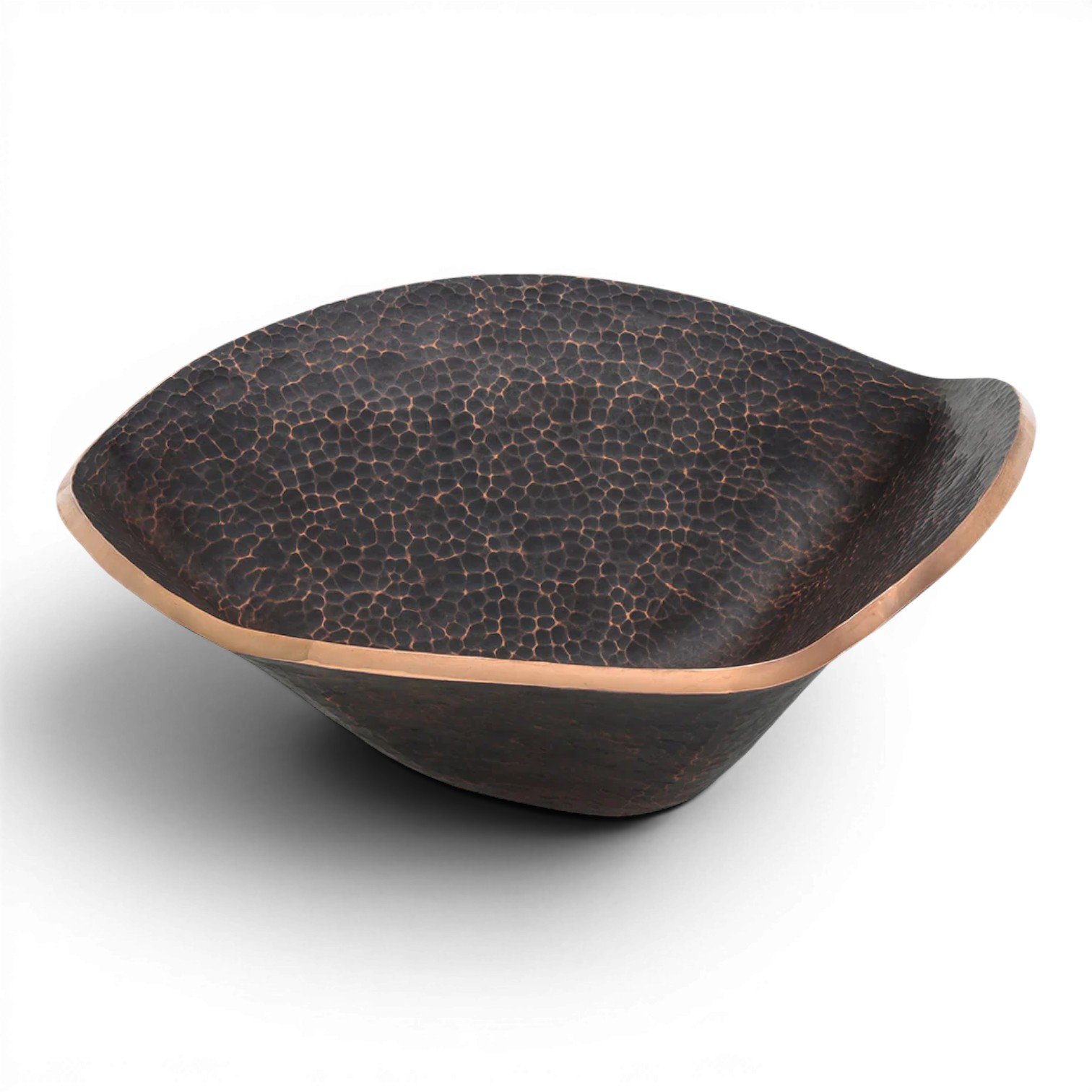 Hacienda Old World 17-inch free form shell hand forged hammered copper vessel sink with oil rubbed bronze patina.