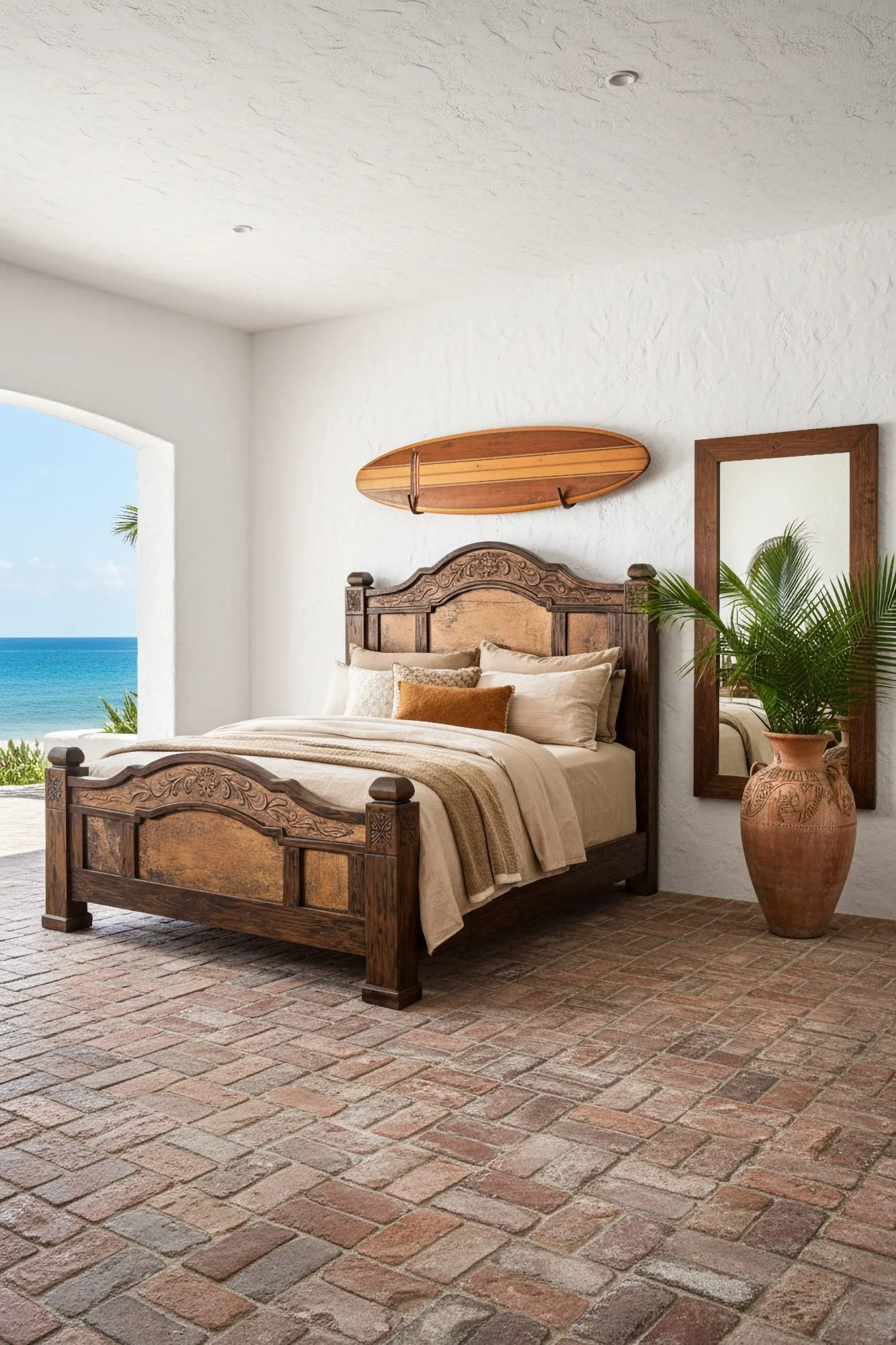 Shop a handmade copper bed from Mexico. Rustic wood frame with embossed copper panels and artisan craftsmanship for elegant bedrooms.