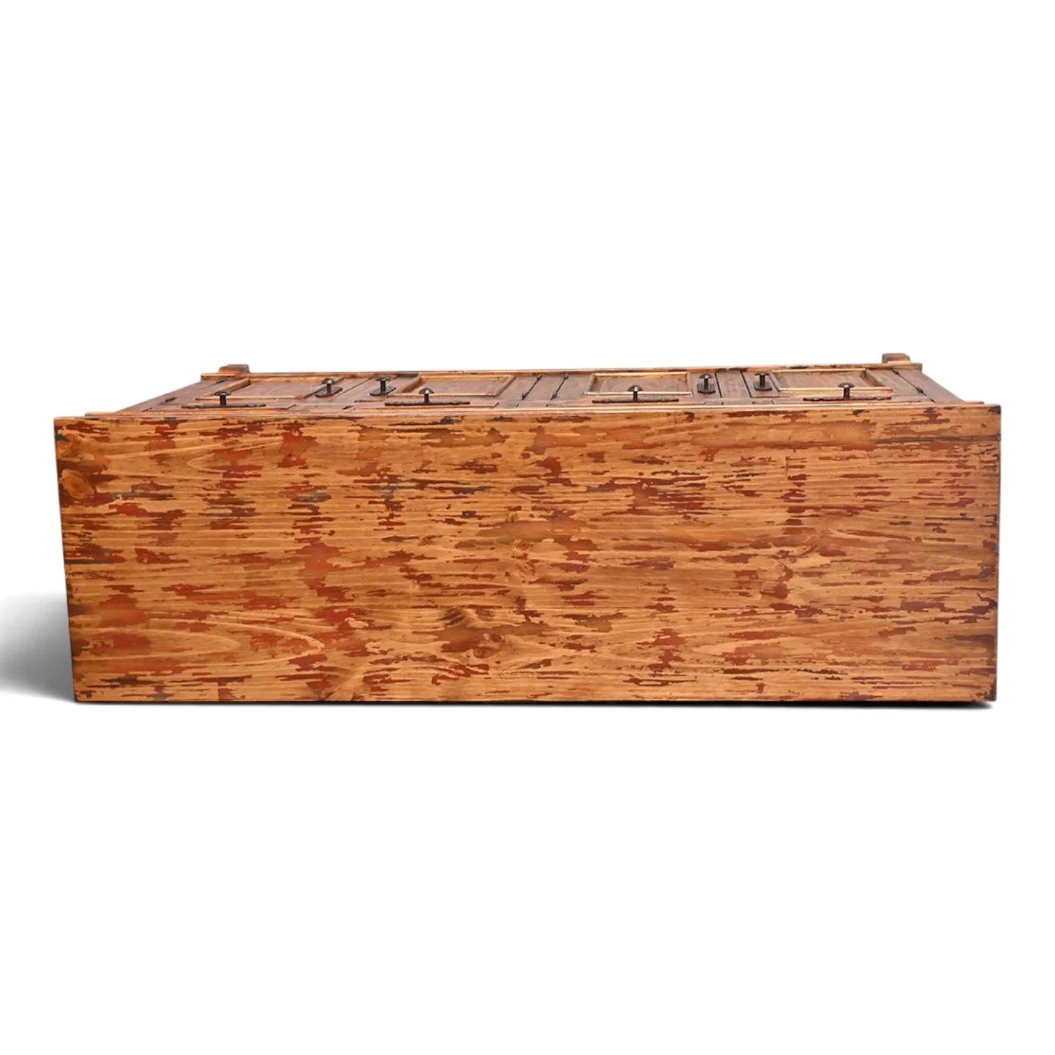 Handmade hand-carved red buffet with iron hardware and four drawers