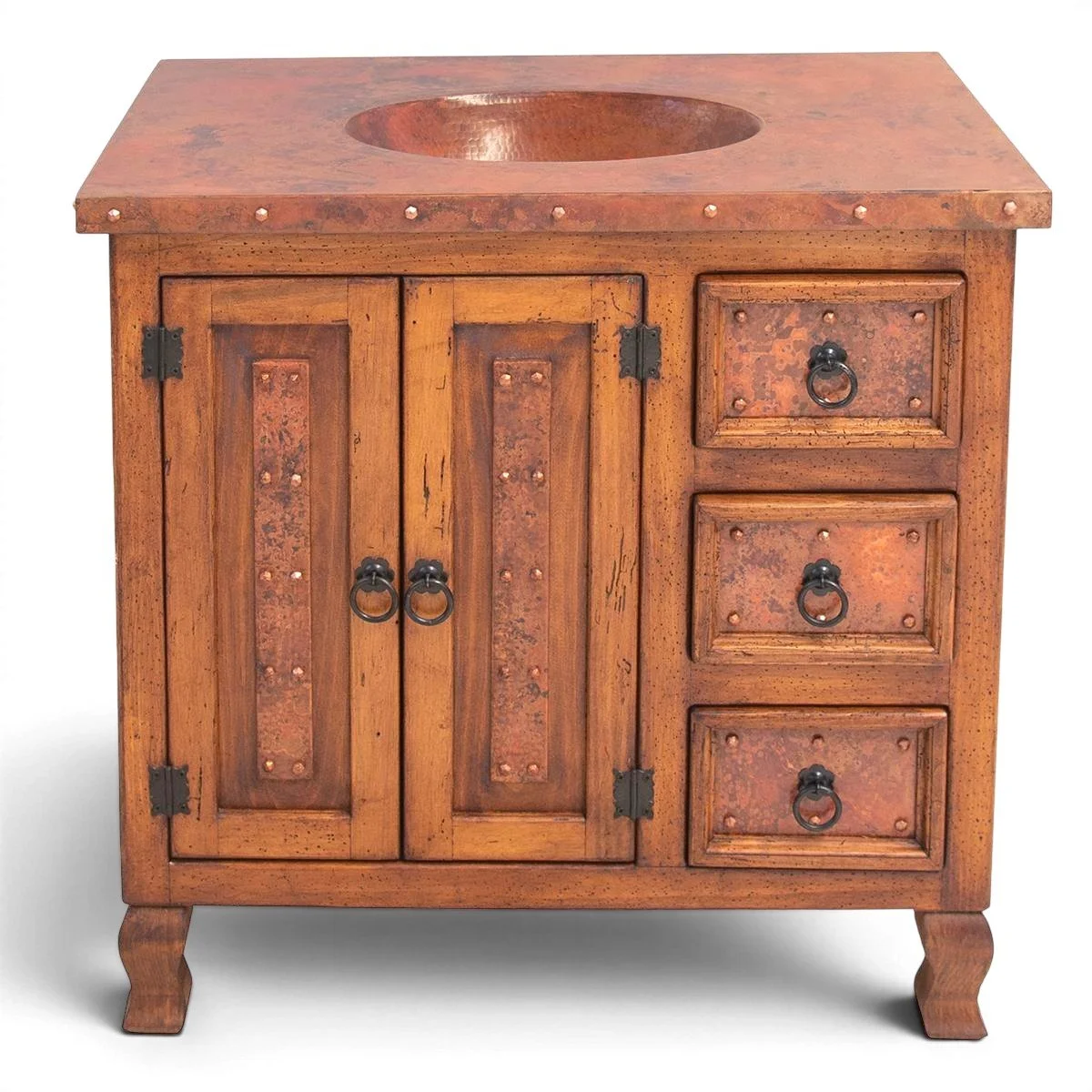 Handmade Peñasco copper bathroom vanity with single sink, copper top and doors, iron hardware, and dark wood finish.