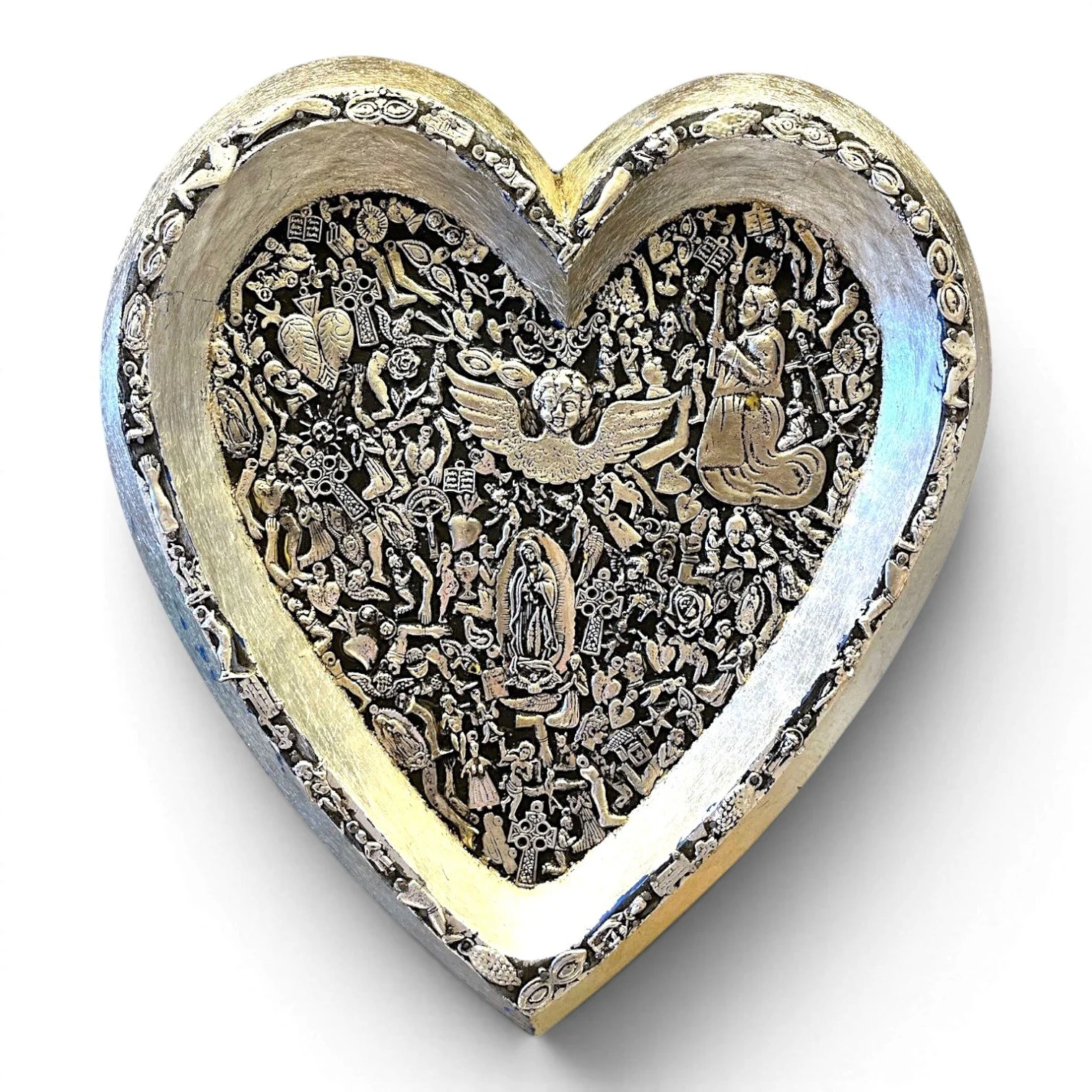 Handmade Mexican wooden heart wall art with silver milagros charms