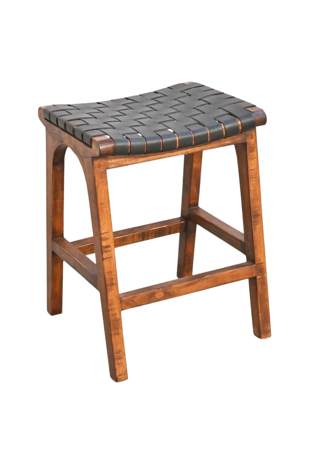 Shop the Cambria Crisscross Leather Bar Stool Black handmade in Mexico. Handwoven leather and dark wood design for modern, coastal, and rustic interiors.