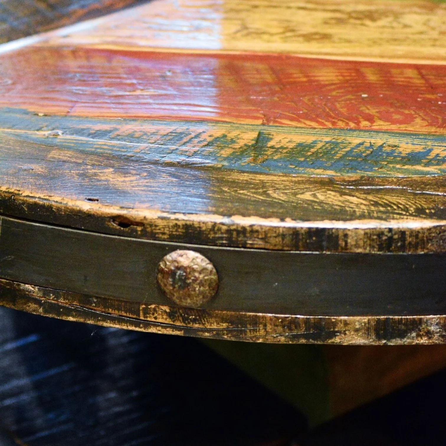 Handmade Mexican round reclaimed wood dining table with hand-painted top, iron trim, and clavos