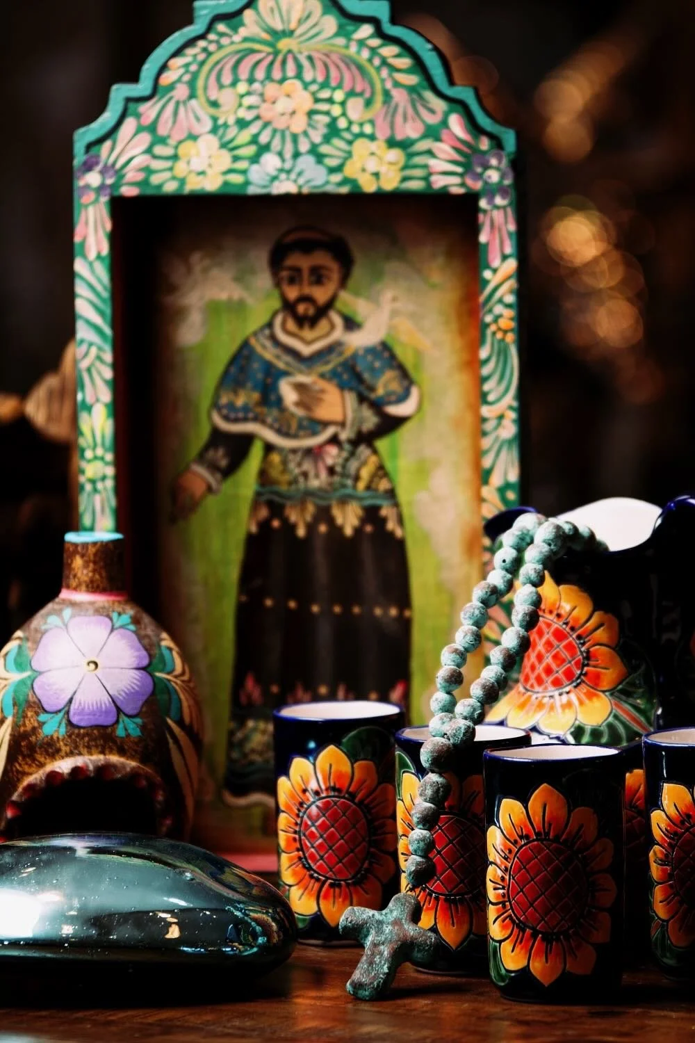 Rustic Retablo and Painted Talavera Drinkware from Mexico