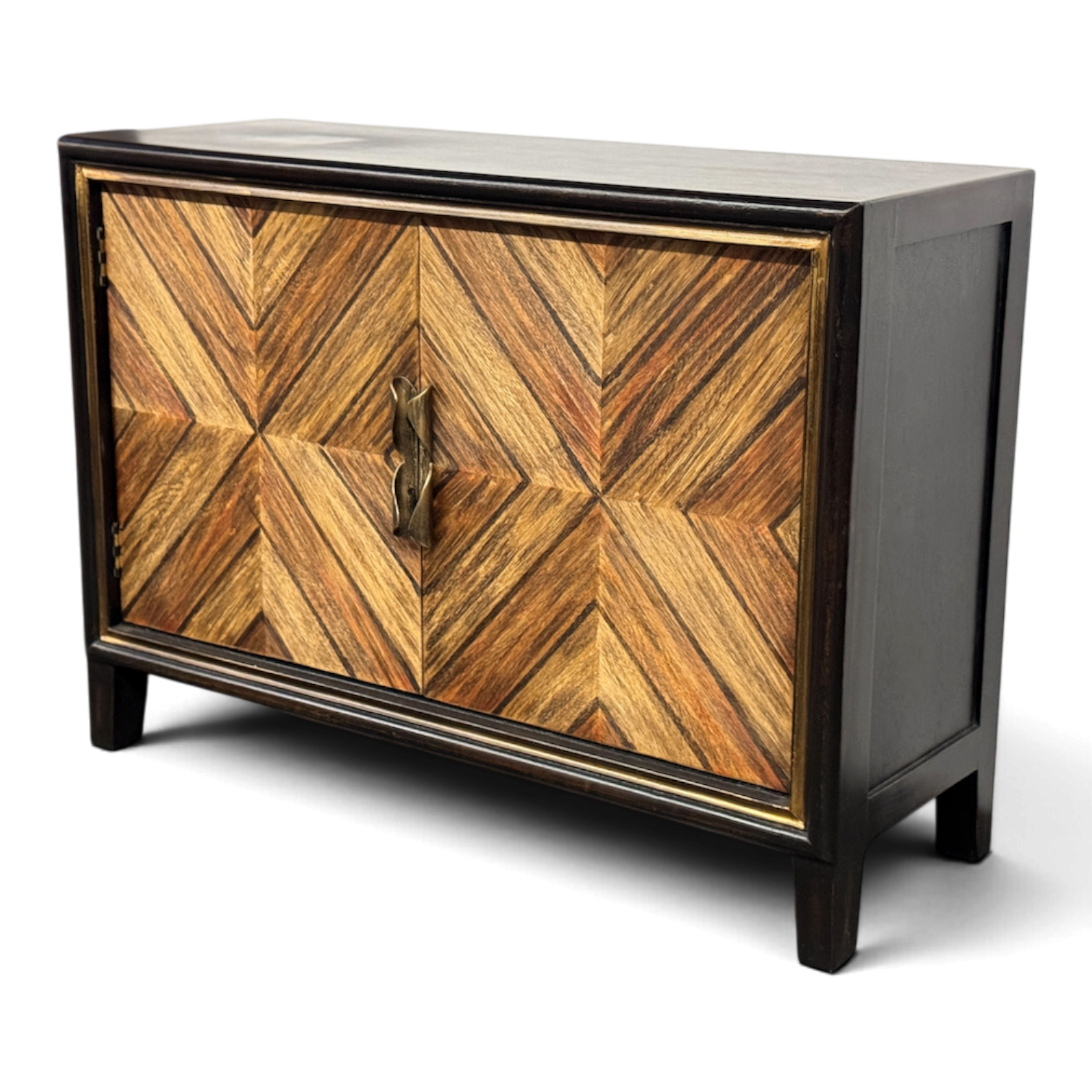 Handmade Peruvian Triana Buffet Chest with black finish, brown geometric doors, and metal handles