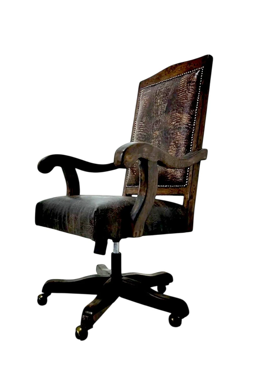 Shop the Especial de Texas Leather Desk Chair handmade in Mexico. Alder wood, crocodile-patterned leather, and rustic Western design for luxury executive office seating.