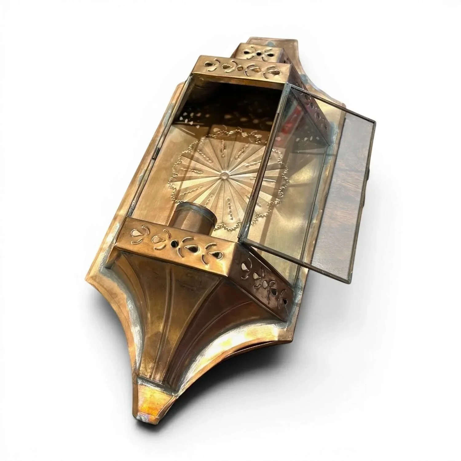 Handmade Valencia Bronze Wall Sconce crafted in Mexico with bronze tin and glass panels.
