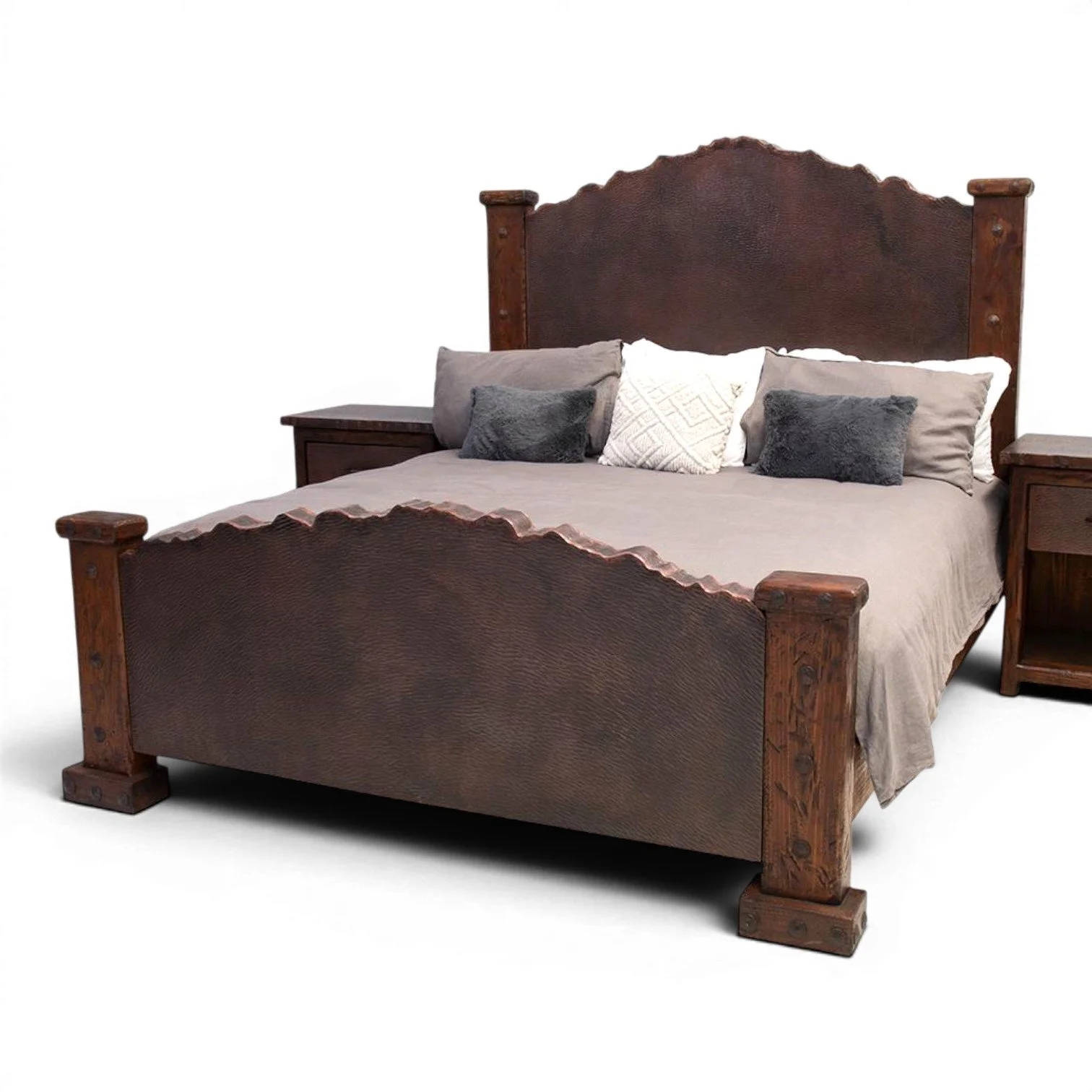 Handmade Cheyenne Cobre Live Edge Bed with hand-hammered dark brown copper panels and reclaimed wood frame crafted in Mexico.