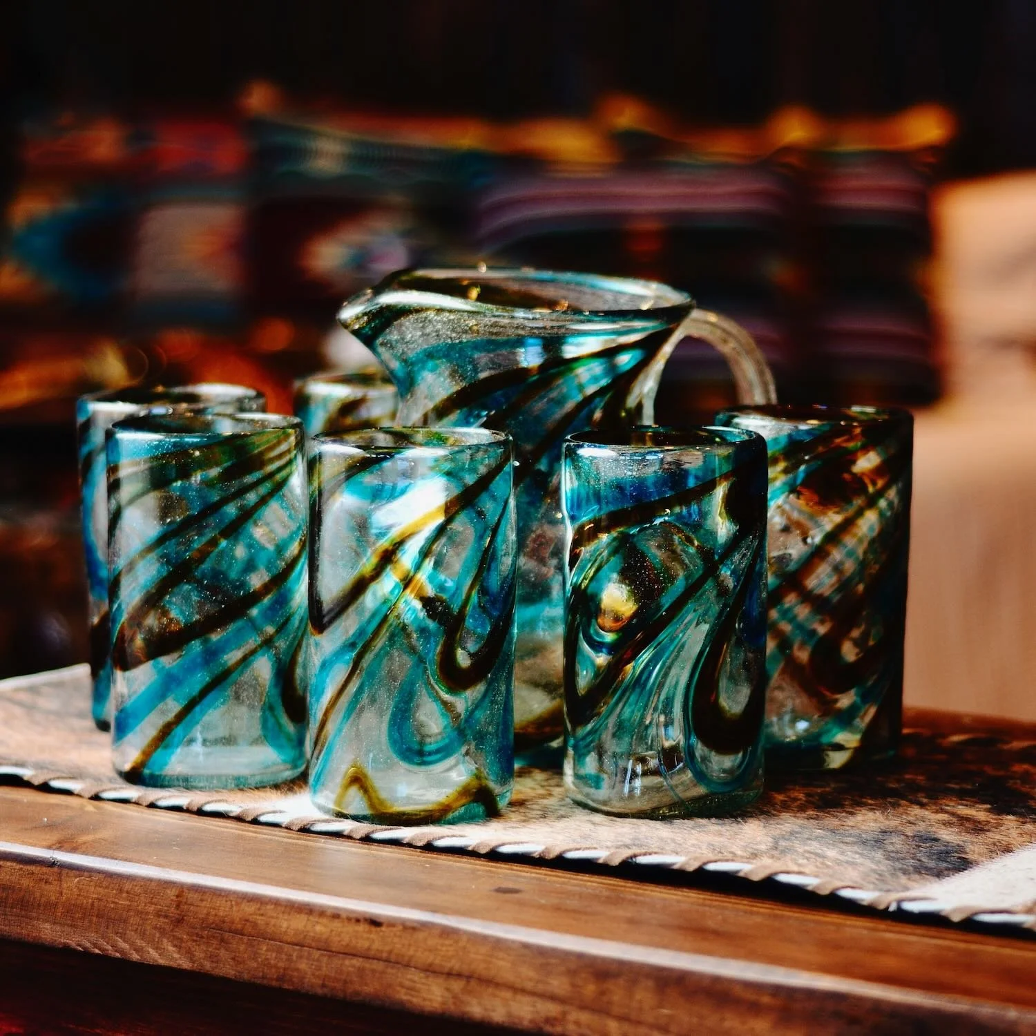 Turquesa y Oro Handblown Pitcher & Glassware Set
