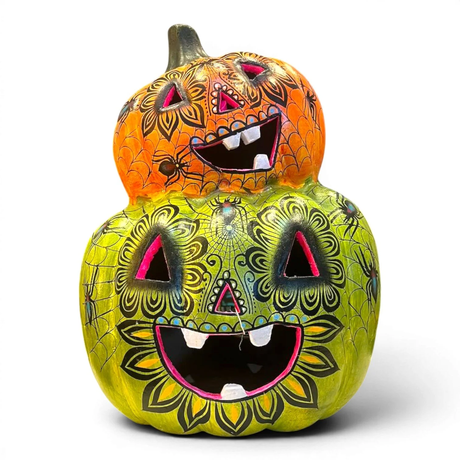 Handmade Mexican double clay jack-o’-lantern with hand-painted spider and web design