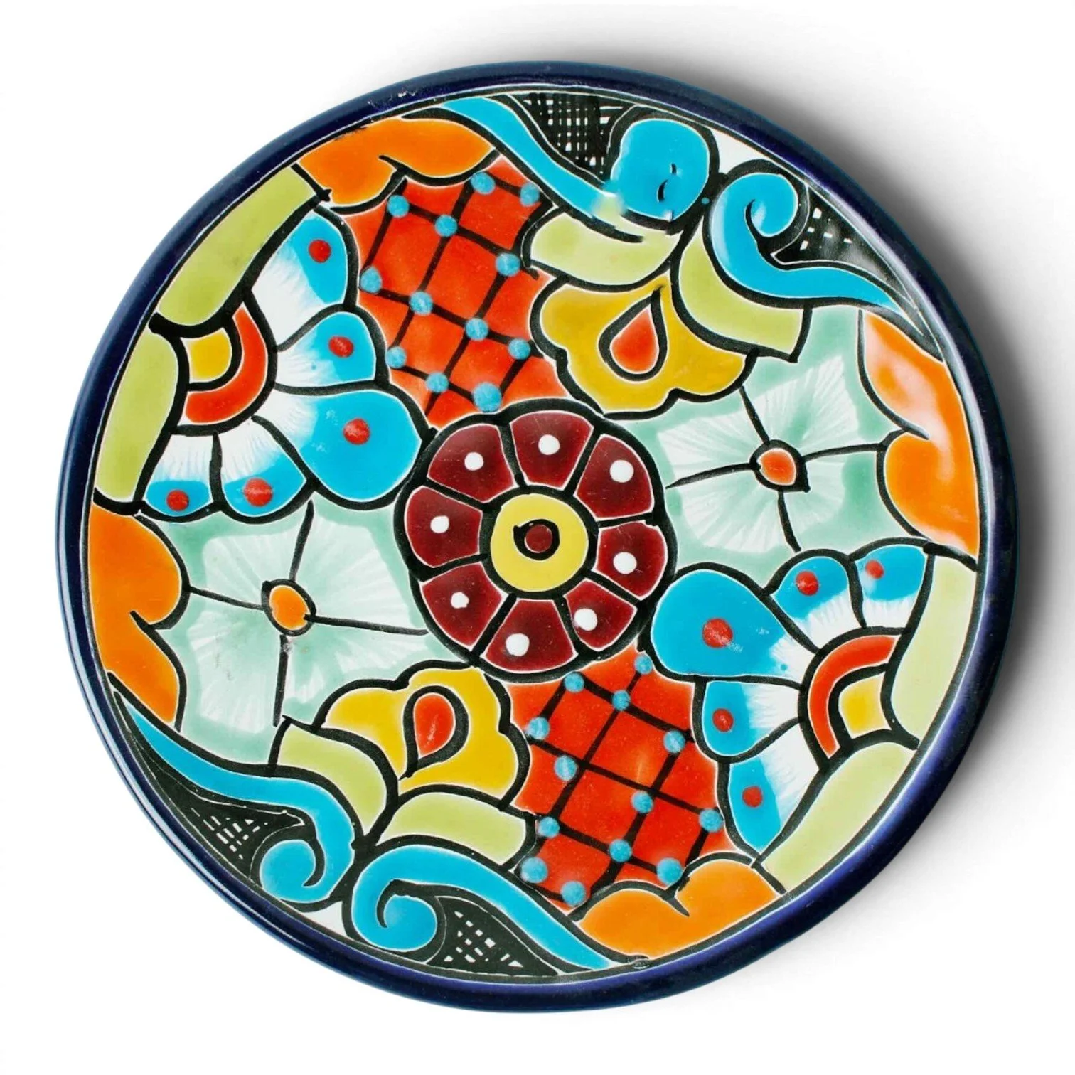 Handmade Mexican Talavera 8-inch dinner plate with colorful hand-painted design and assorted rim colors