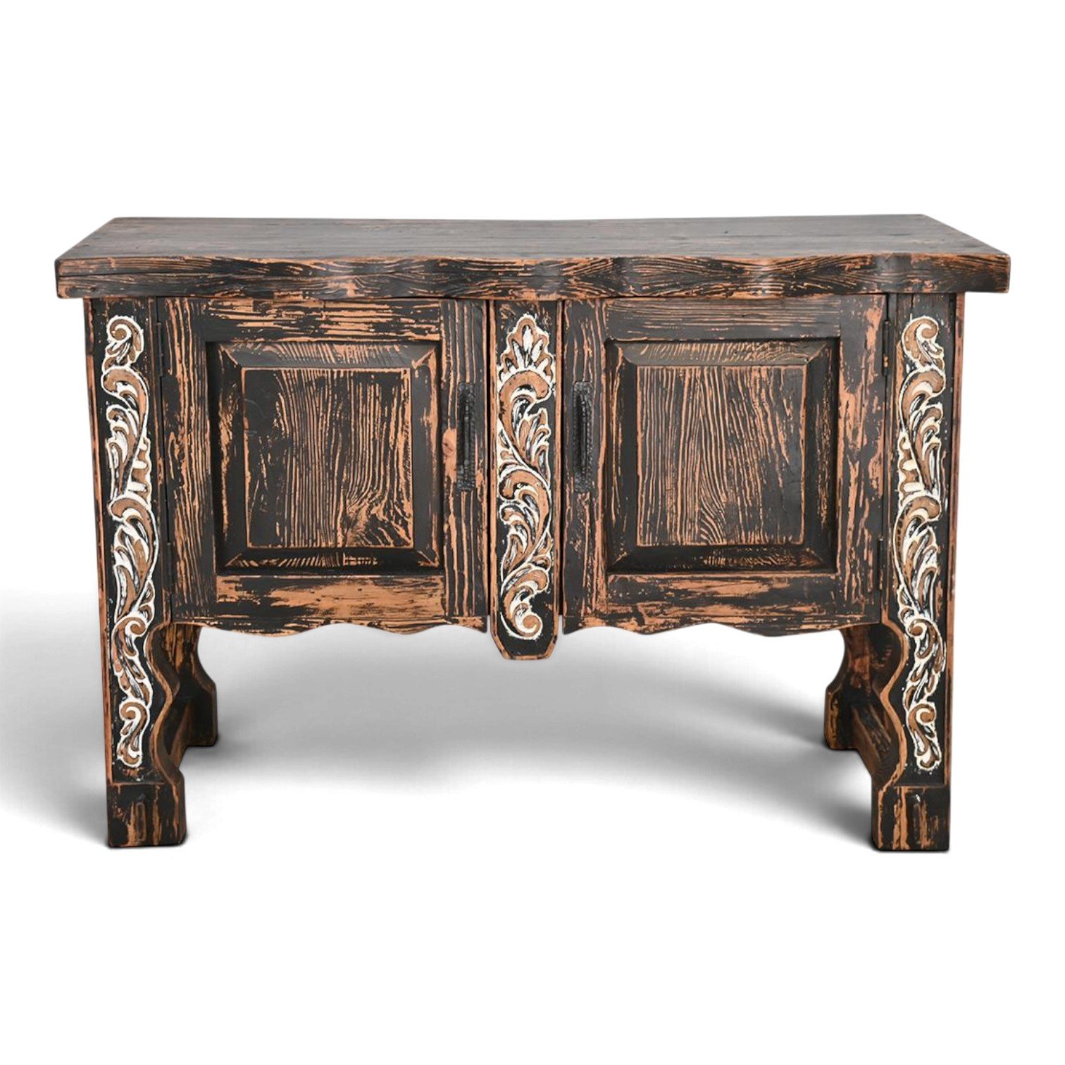 Villa Hidalgo cabinet with hand-carved details and distressed black wash finish, handmade in Mexico