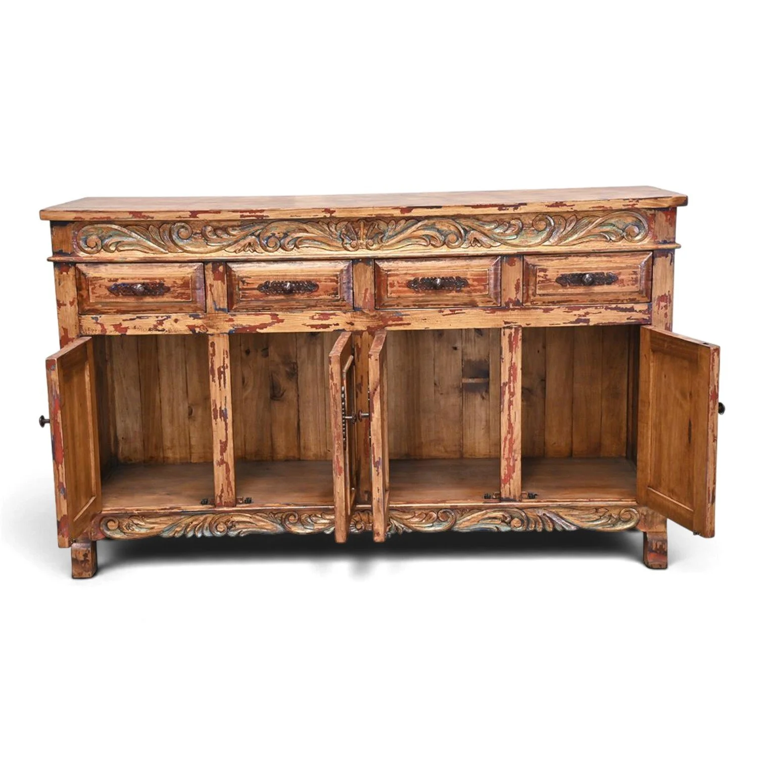 Handmade hand-carved red buffet with iron hardware and four drawers
