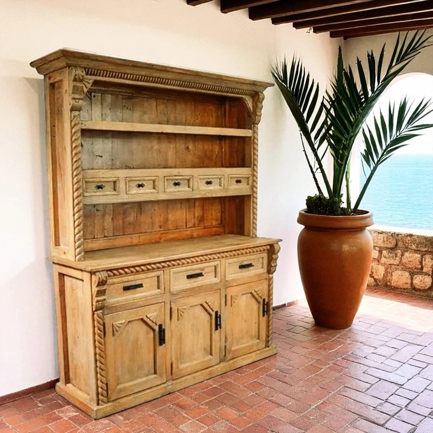 Guerrero Carved White Washed Hutch