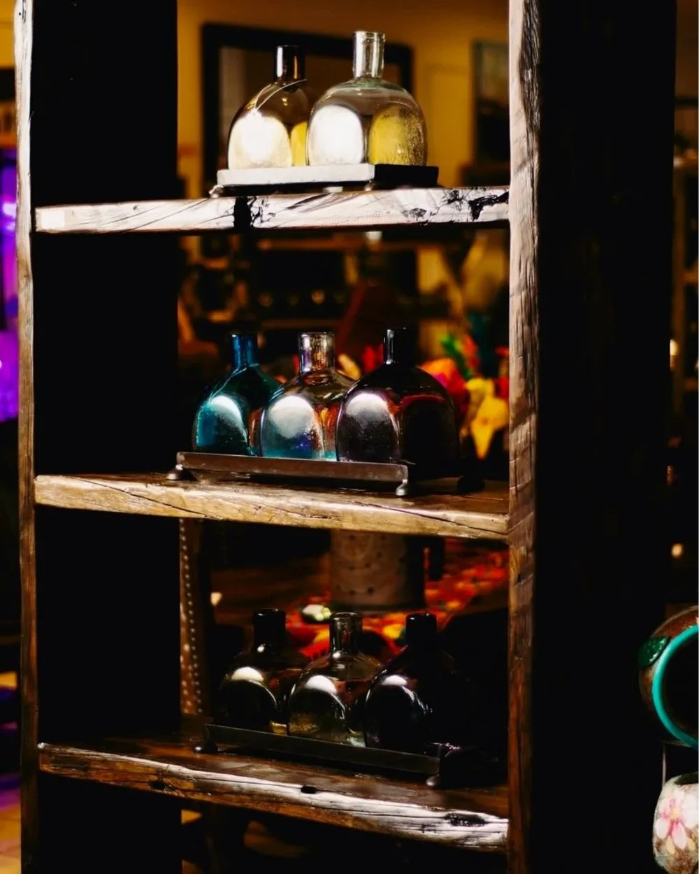 Handblown Glass Bottles with Iron Trays from Mexico