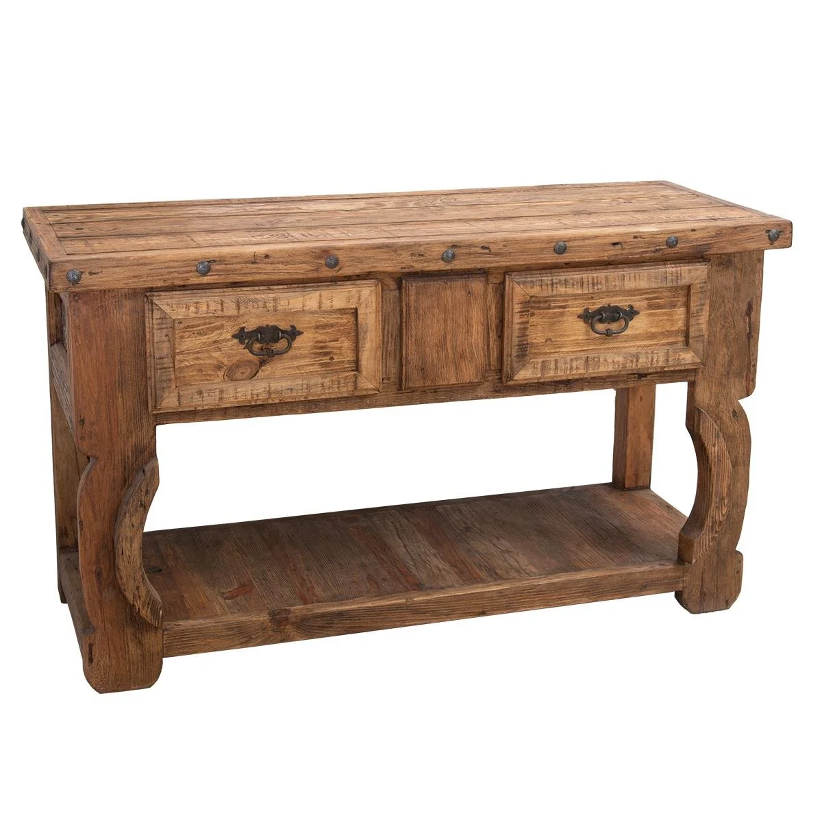 Handmade Mexican Sierra Vista console table with light stained solid wood, yoke-style design, iron hardware, clavos, and open shelf