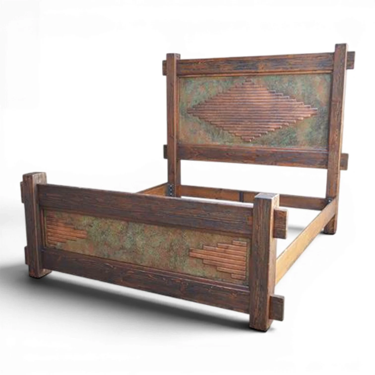 Handmade Rio Rancho King copper bed with reclaimed wood, verdigris and dark brown hammered copper geometric panels crafted in Mexico.