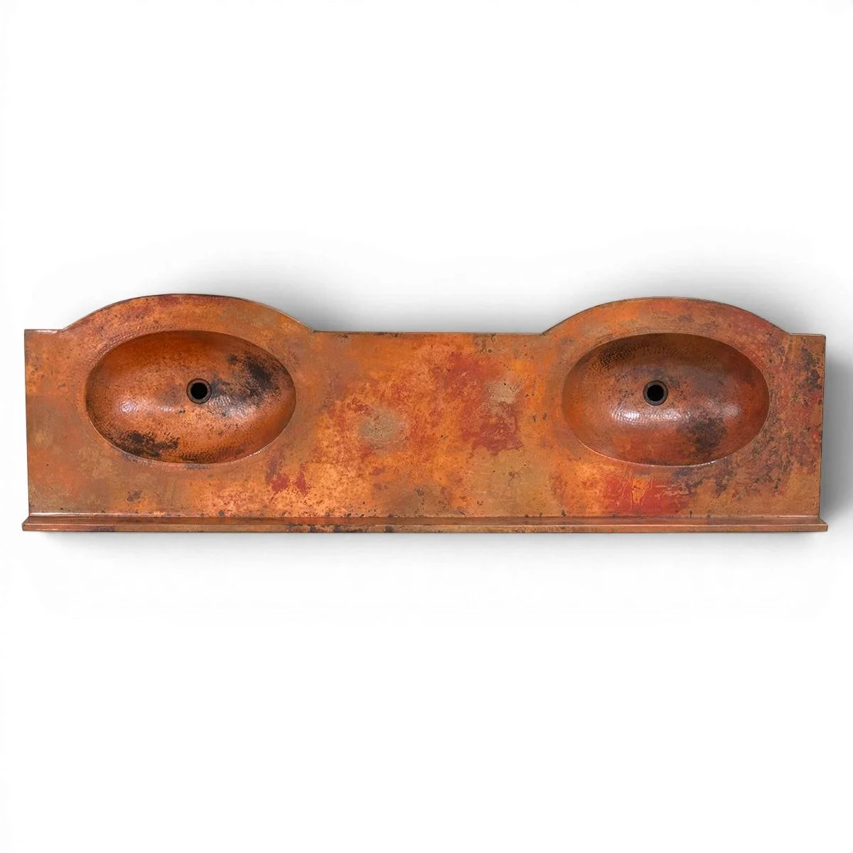 Handmade Hacienda Elegante bathroom vanity with dual hand-hammered natural copper sinks, carved wood, and iron hardware.