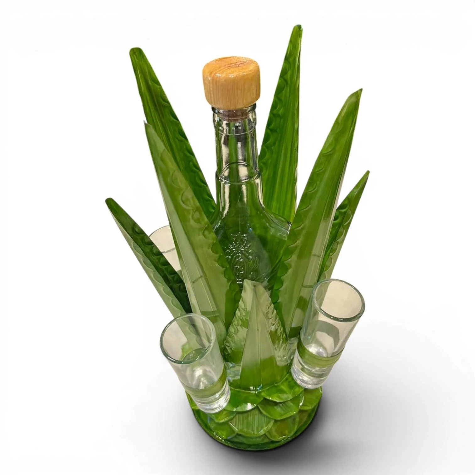 Large handmade Mexican metal agave tequila set with lime green holder, tequila bottle, and four shot glasses