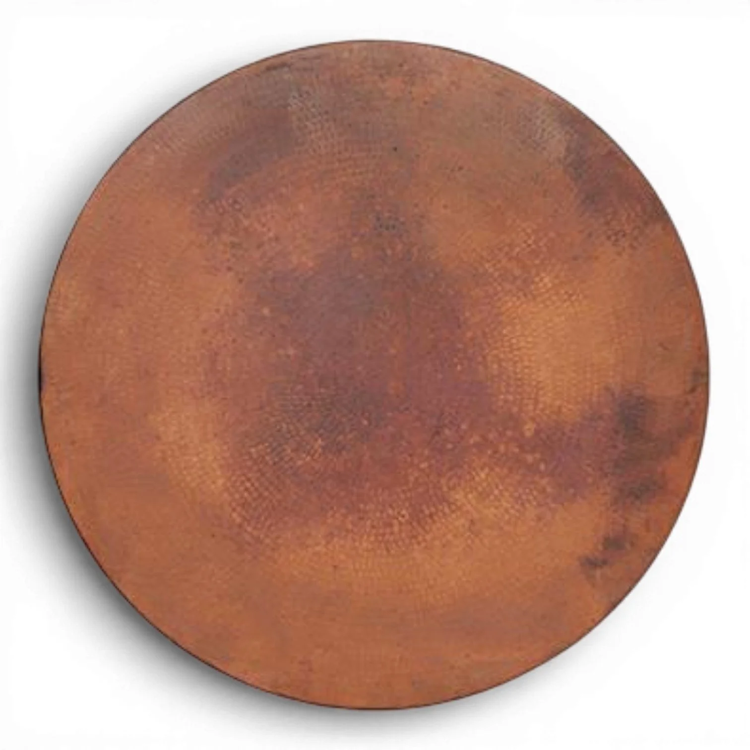 Handmade Mexican La Ventura round copper bar table with hand-pounded copper top and intricately hand-carved solid wood base.