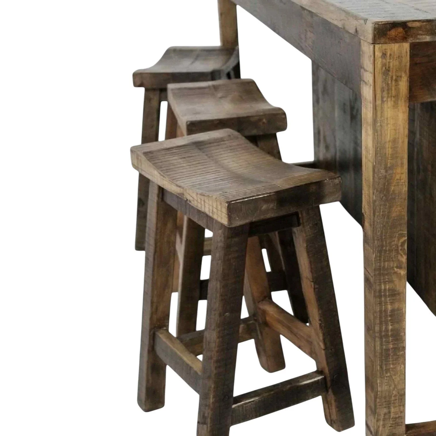 Handmade Mexican reclaimed wood saddle stool with carved seat
