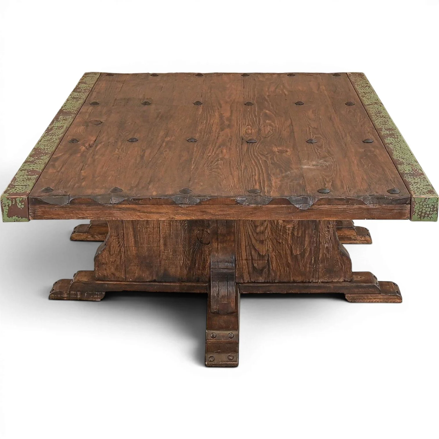 Handmade Amaya Cobre Coffee Table crafted from reclaimed wood with turquoise copper trim, iron clavos accents, and rich dark stain finish.