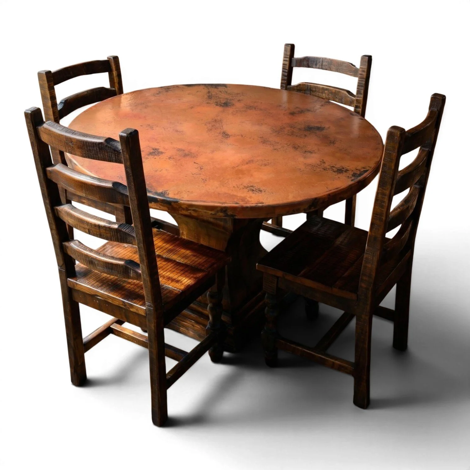 Handmade Mexican round copper dining table with hand-carved reclaimed wood pedestal base