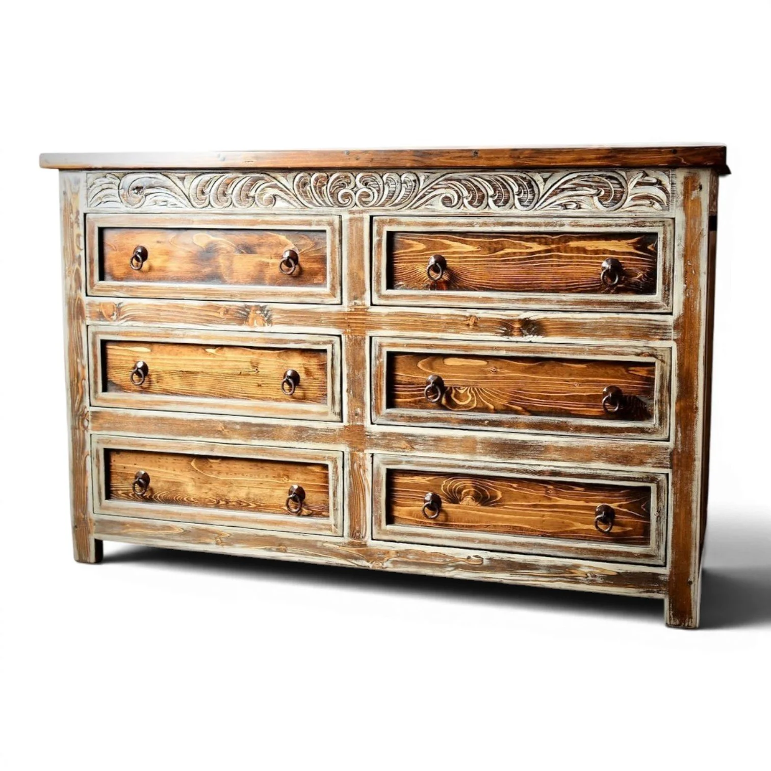 Las Conchas handcrafted Mexican reclaimed wood dresser with white wash finish and hand-carved details