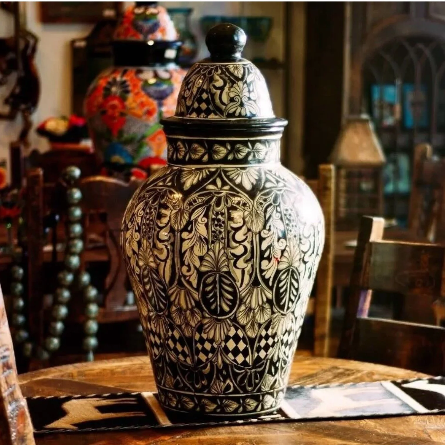 Handmade Mexican black and white ginger jar decorative pottery