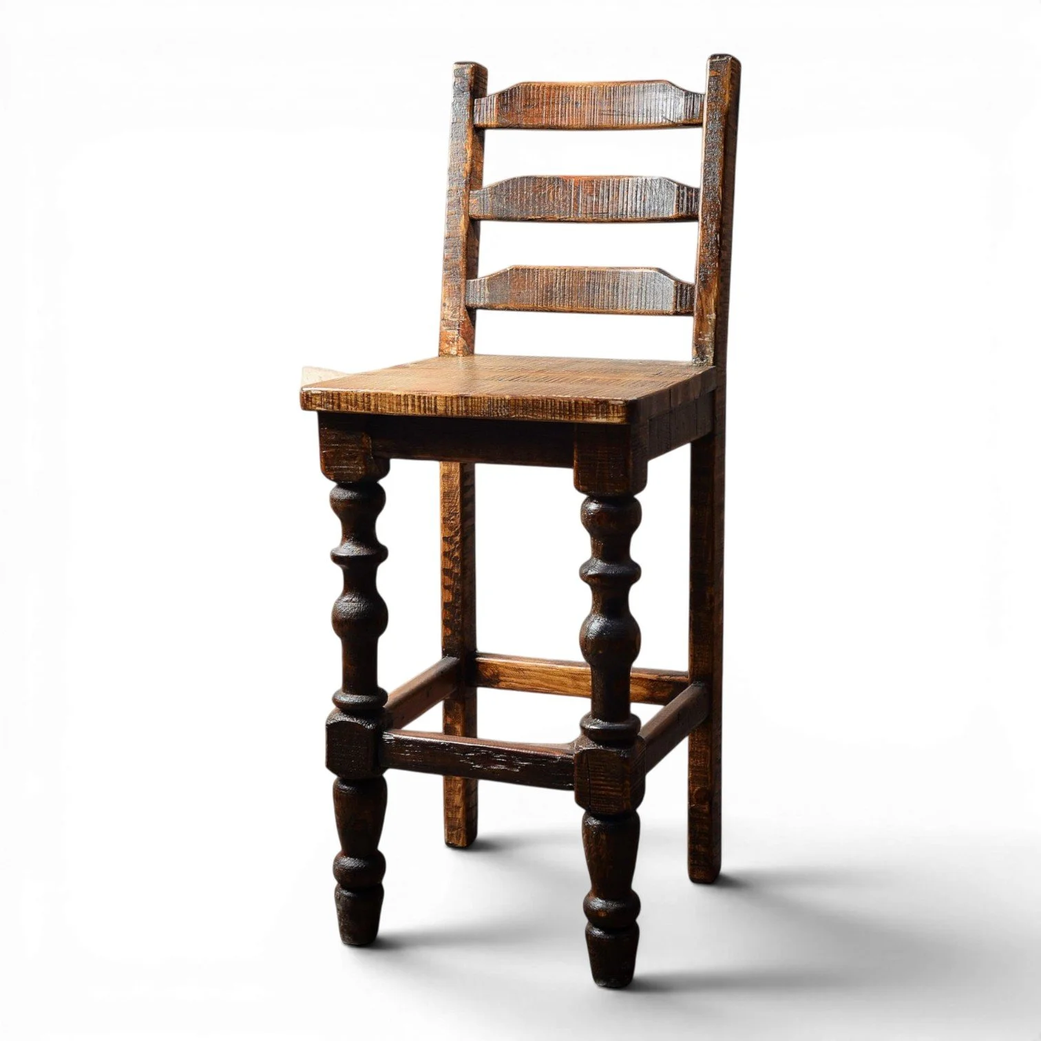 Handmade Mexican Silla Antigua de Mezquital bar stool with ladder back, turned legs, and dark stained finish