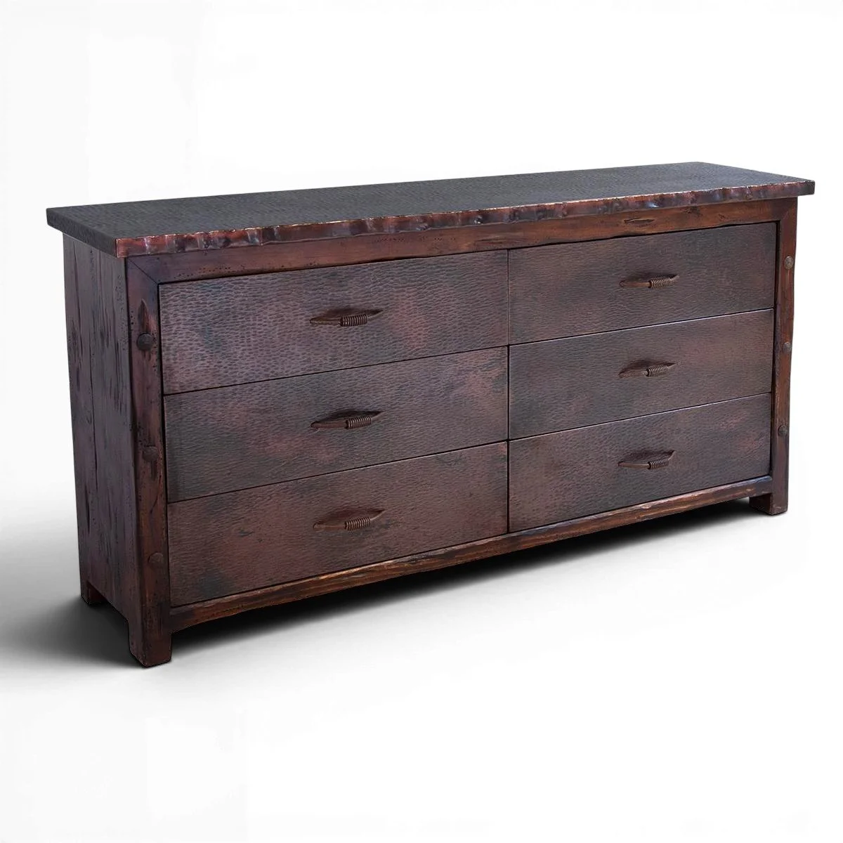 Handmade Cheyenne Cobre Live Edge dresser with hand-hammered copper live edge top, reclaimed wood frame, and six drawers crafted in Mexico.