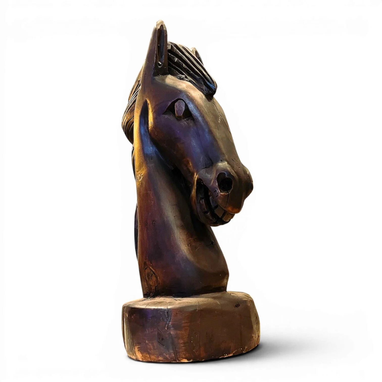 Hand carved Caballo de Madera wooden horse sculpture from Mexico with knight chess-inspired base and rich dark stain finish.