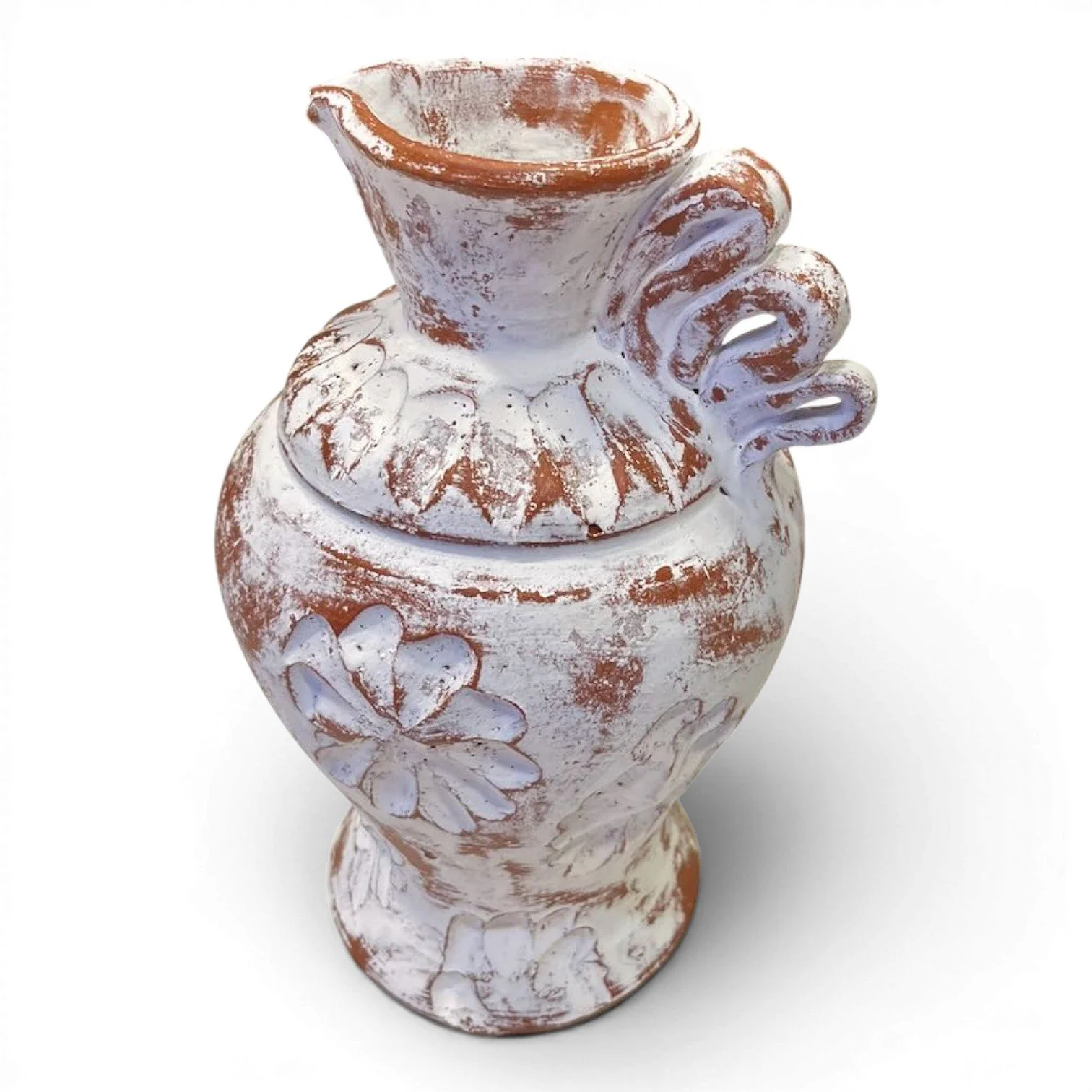 Handmade Mexican Jarra Blanca clay pitcher vase with distressed whitewashed finish, decorative flower, and ribbon handle