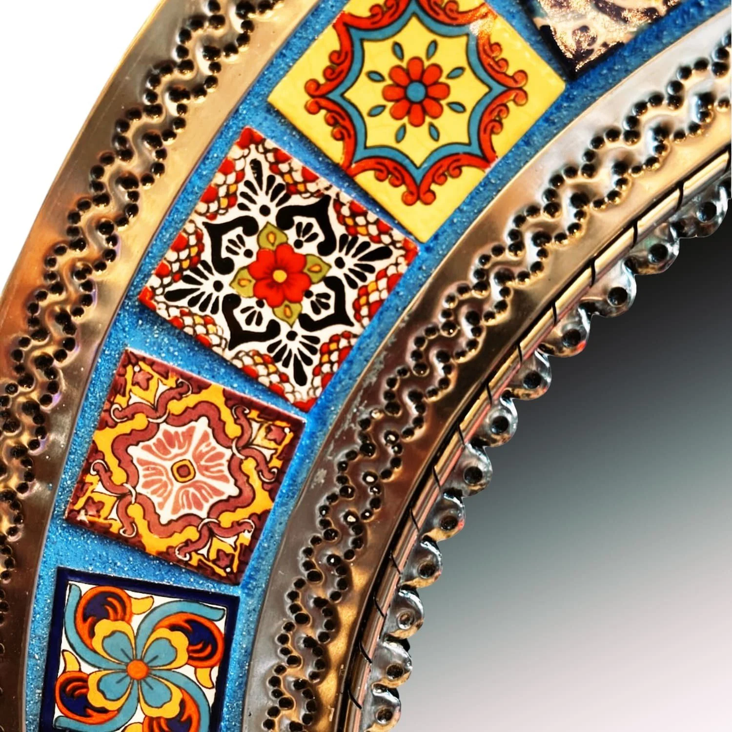 Handmade Arch Talavera Mirror with authentic blue Mexican tile and elegant arched frame.