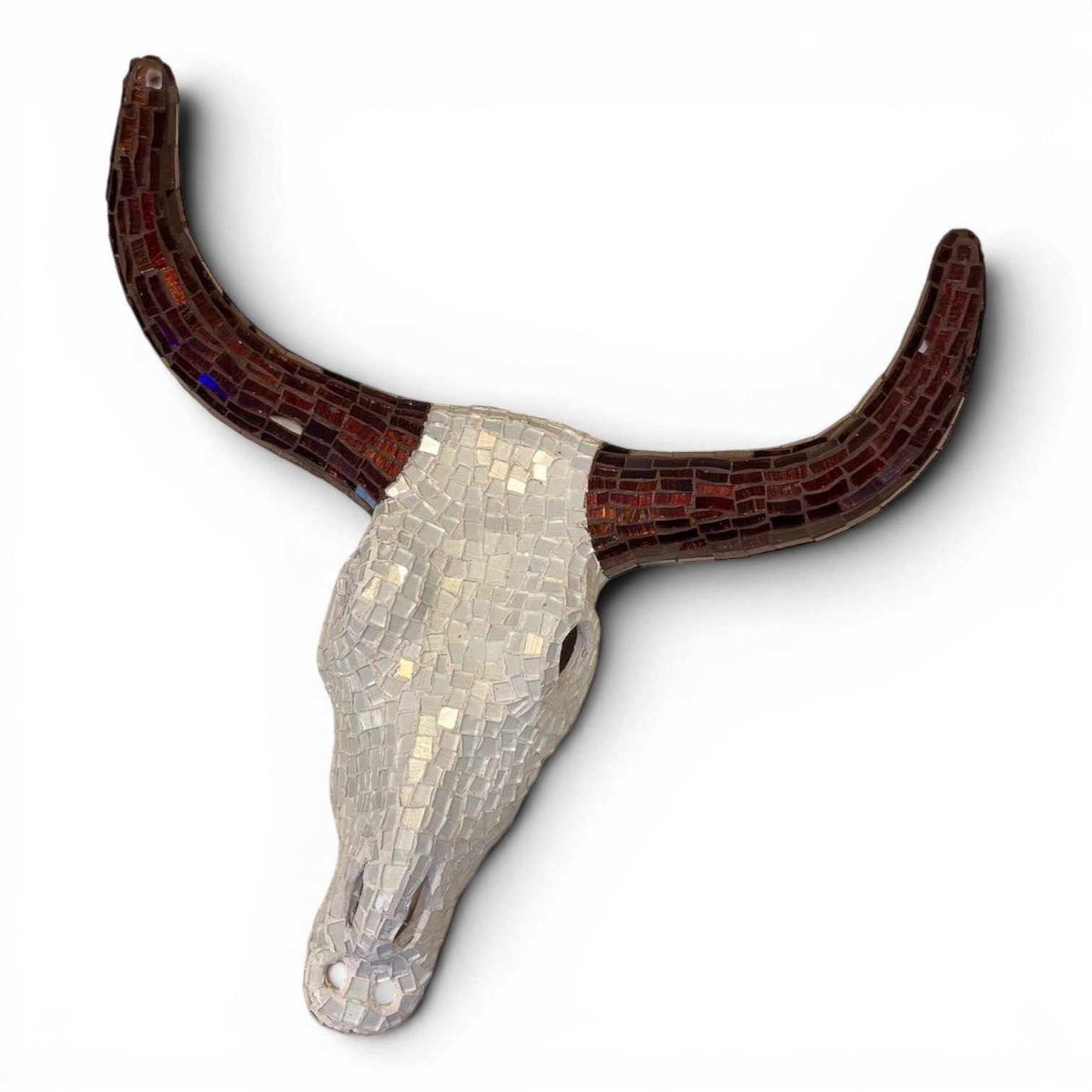 Handmade Mexican mosaic longhorn wall art with hand-formed clay skull and colorful glass tiles