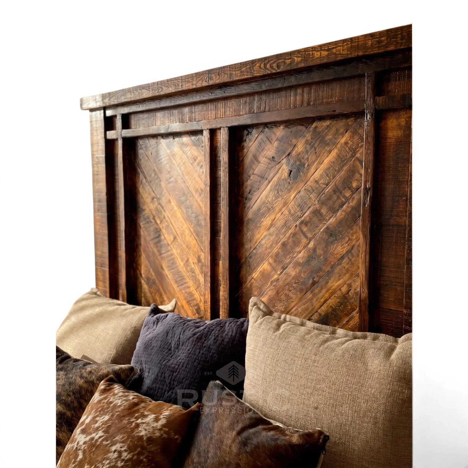 Handmade Mexican reclaimed wood Laguna Niguel bed with chevron headboard
