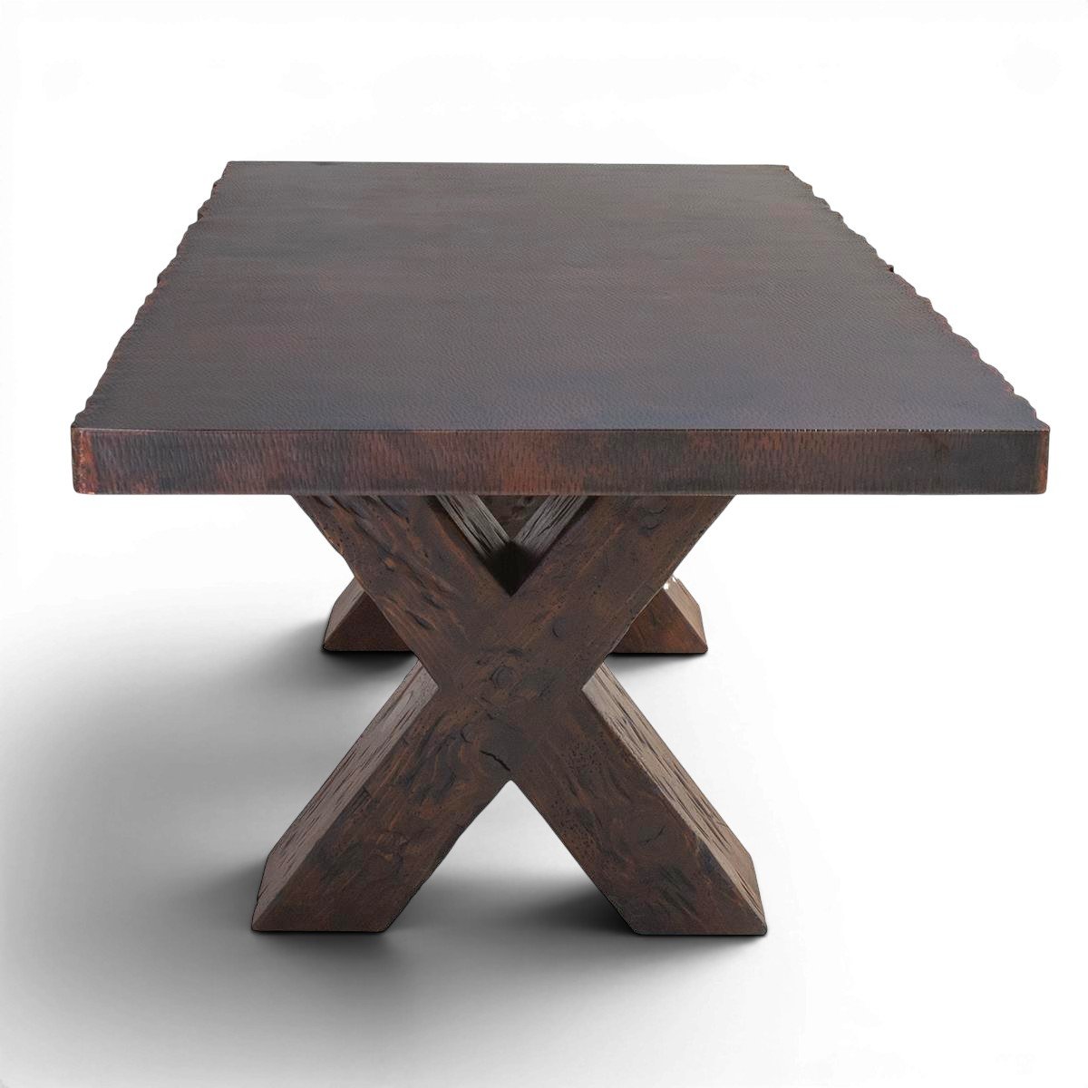 Cheyenne Cobre Dining Table handcrafted in Mexico with live edge copper top and solid wood X-cross base in rich dark stain.