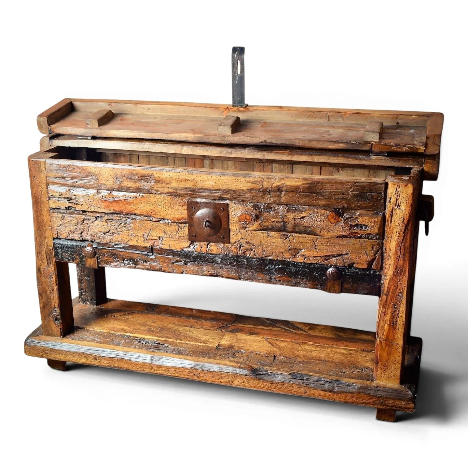 Handmade Mexican reclaimed wood sofa table trunk with iron hardware and clavos