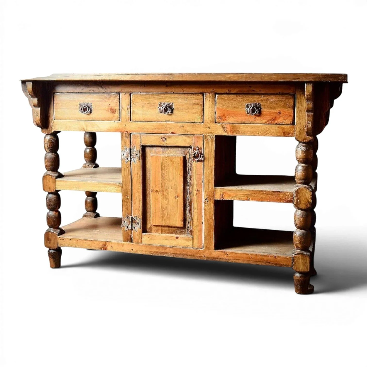 Handmade Mexican reclaimed wood kitchen island with turned legs and hacienda design